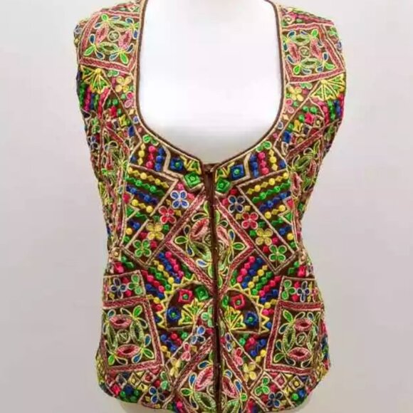 Vtg 80s Indian colorful embroidered vest waistcoat boho festival folk ethnic L X - Picture 1 of 4